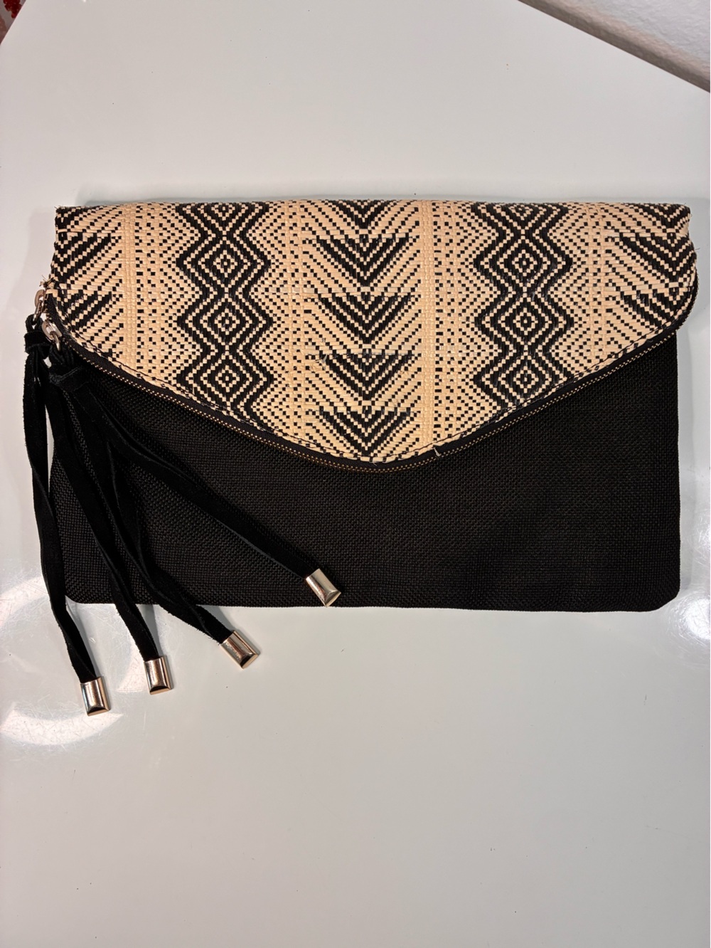 Express Black Linen and Beige Woven Straw Pattern REVERSIBLE Clutch w/ Tassels